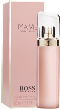 Hugo Boss Ma Vie Pour Femme 50 ml, różowa butelka eau de parfum obok jasnoróżowego pudełka, widok pod kątem.