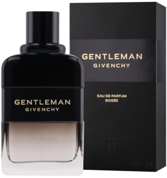Givenchy Gentleman Boisée EDP, czarno-przejrzysta butelka z gradientem i czarne pudełko z złotym napisem, obok siebie.
