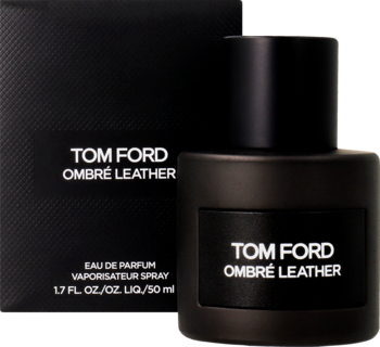 Tom Ford Ombré Leather EDP unisex, ciemna matowa butelka z czarną nakrętką na tle opakowania, widok z przodu.