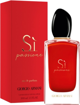 Czerwone perfumy Giorgio Armani Si Passione w butelce z czarną nakrętką i pasującym pudełku, widok z przodu.