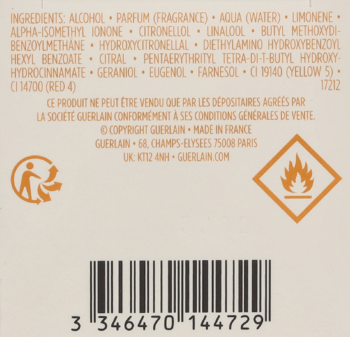 Widok tyłu opakowania Guerlain Aqua Allegoria Forte Mandarine Basilic z listą składników i symbolami.