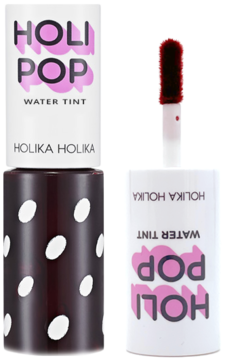 Holika Holika Holi Pop Water Tint. Zamknięta tuba w kropki i otwarty aplikator z bordowym tintem.