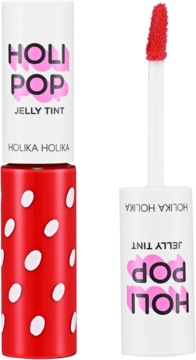 Dwa tinty Holika Holika Holi Pop Jelly Tint: zamknięty z czerwoną tubką w białe kropki i otwarty z aplikatorem.