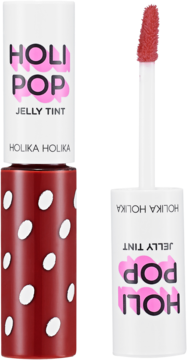 Czerwony, żelowy tint Holika Holika Holi Pop, butelka z kropkami, widok z otwartym aplikatorem.