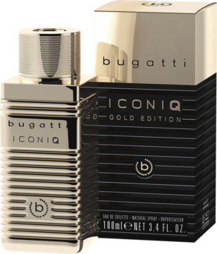 Luksusowa złota woda toaletowa Bugatti Iconiq Gold 100ml, ryflowana butelka obok czarnego opakowania.