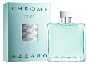 Męska woda toaletowa Azzaro Chrome Azure, jasnoniebieska butelka i pudełko z wzorem, widok z przodu.