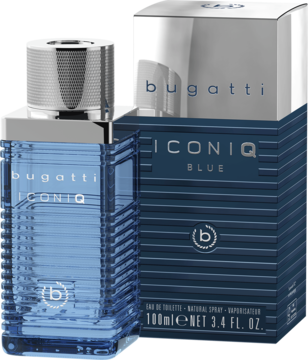 Bugatti Iconiq Blue woda toaletowa w niebieskiej butelce i pasującym pudełku, widok z przodu.