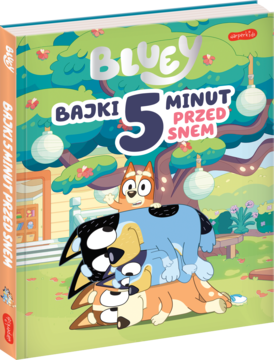 Książka Bluey Bajki 5 Minut Przed Snem: kolorowa okładka z Bluey, Bingo i ich ojcem, widok z przodu.
