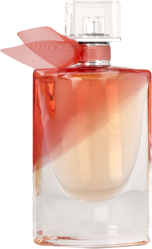 Lancôme La Vie est Belle en Rose, butelka wody toaletowej z gradientem i czerwoną wstążką, widok z przodu.