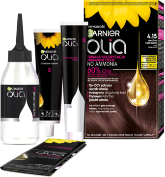 Garnier Olia 4.15 mroźna czekolada, farba bez amoniaku, widok kompletnego zestawu z butelkami i tubkami.