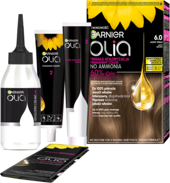 Garnier Olia 6.0 jasny brąz, trwała farba do włosów z olejkami, pudełko, butelka i 2 tubki, widok z przodu.