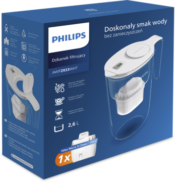 Granatowe opakowanie dzbanka filtrującego Philips AWP2930/AW 2.6L z widocznym filtrem Micro X-Clean, pod kątem.