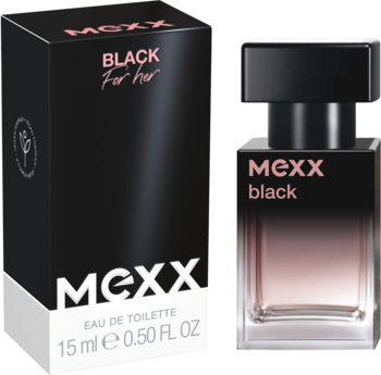 MEXX Black For Her woda toaletowa 15ml. Czarne pudełko i szklana butelka ombré z czarną nakrętką, widok z przodu.