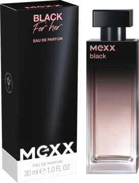 MEXX Black For Her Eau de Parfum, czarna butelka ombre i pudełko 30 ml, widok z przodu.