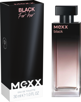 Mexx Black woda toaletowa dla kobiet. Czarny kartonik i szklana butelka z czarno-różowym gradientem, z przodu.
