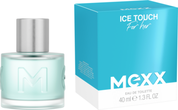 MEXX Ice Touch woda toaletowa: oszroniony flakon "M" i turkusowe pudełko "For her", widok z przodu.