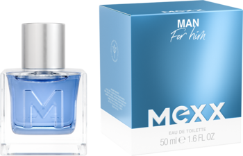 Męska woda toaletowa MEXX Man 50ml. Szklana butelka z niebieskim płynem i logo M oraz błękitne pudełko.