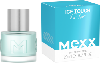Damski zapach MEXX Ice Touch For Her EDT 20ml, butelka z efektem szronu obok błękitnego pudełka.