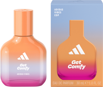 Adidas Vibes Get Comfy EDP, flakon z pomarańczowo-różowym gradientem i dopasowane opakowanie, widok z przodu.