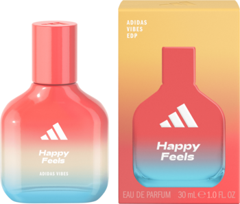Adidas Vibes Happy Feels EDP 30ml: butelka z koralowo-błękitnym gradientem obok pudełka, białe logo Adidas.