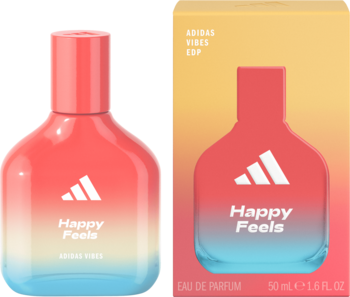 Adidas Vibes Happy Feels, woda perfumowana. Obok flakonu z różowo-błękitnym gradientem stoi pasujące pudełko.