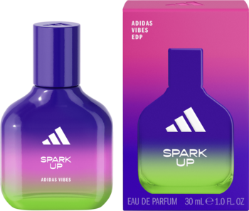 Fioletowo-zielona butelka wody perfumowanej Adidas Vibes Spark Up z logo i pasujące pudełko, widok z przodu.