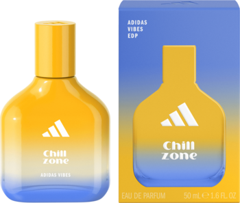 Męska woda adidas Chill Zone EDP: żółto-niebieski flakon i pudełko z logo, widok przodu.