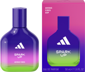 Adidas Vibes Spark Up woda perfumowana, fioletowo-zielony flakon z logo i kartonik obok, energetyzujący zapach.