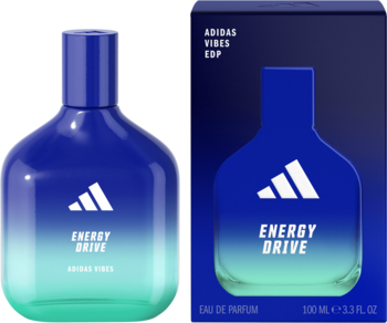 Męska woda perfumowana Adidas Vibes Energy Drive 100ml, butelka z gradientem niebiesko-zielonym i granatowe pudełko obok.