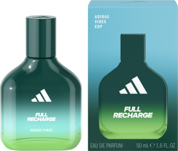 Męska woda perfumowana Adidas Vibes Full Recharge w butelce z zielonym gradientem i pudełku, widok z przodu.