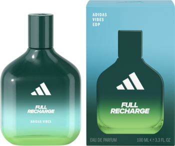 Męska woda perfumowana Adidas Vibes Full Recharge: butelka z gradientem zieleni obok pasującego pudełka.