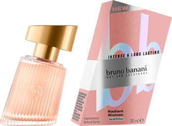 Bruno Banani Radiant Woman woda perfumowana: pochylony flakon z ryflowanego szkła i pudełko 30ml.