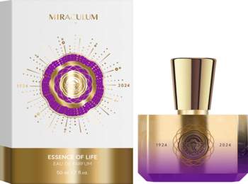 Miraculum Essence Of Life, białe pudełko i złoto-fioletowy flakon perfum z okrągłym logo, ujęcie z przodu.