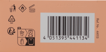 Tył beżowego opakowania perfum Bugatti Felicità Apricot z kodem kreskowym 4051395441134 i ikonami recyklingu.