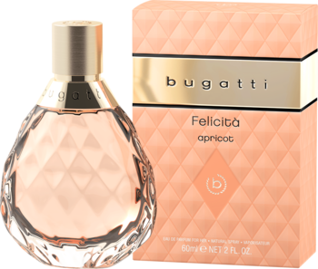 Woda perfumowana Bugatti Felicità Apricot, butelka z fasetami i teksturowane pudełko w brzoskwiniowym kolorze.