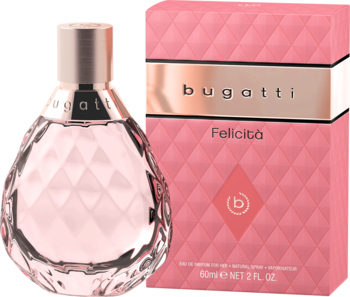 Bugatti Felicita w różowej, fasetowanej butelce z rose gold korkiem i pudełkiem w romby, widok z przodu.