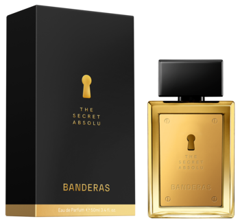 Antonio Banderas The Secret Absolu, złota butelka perfum z czarną nakrętką, obok czarne pudełko z dziurką od klucza.