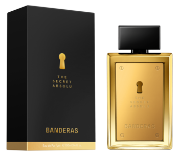 Antonio Banderas The Secret Absolu, złota butelka perfum i czarne pudełko z motywem dziurki od klucza, widok z przodu.