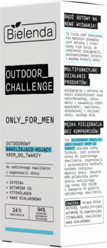 Bielenda Outdoor Challenge Only for Men, nawilżająco-kojący krem do twarzy w białym opakowaniu, widok z przodu.