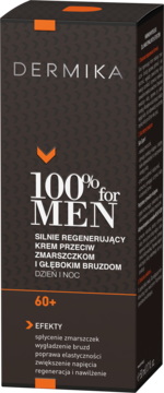 Dermika 100% for Men krem 60+ na zmarszczki, ciemnoszare opakowanie z pomarańczowymi akcentami, widok przód.