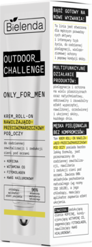 Bielenda Outdoor Challenge Only for Men nawilżający roll-on pod oczy, białe pudełko z tekstem i grafiką butelki.