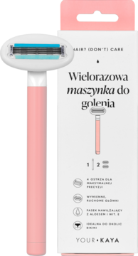 Różowa, wielorazowa maszynka do golenia Your+Kaya z białym opakowaniem, widok z przodu.