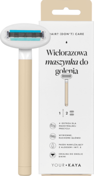 Wielorazowa maszynka YOUR KAYA Sand z piaskową rączką, białą główką z 4 niebieskimi ostrzami, obok opakowania.