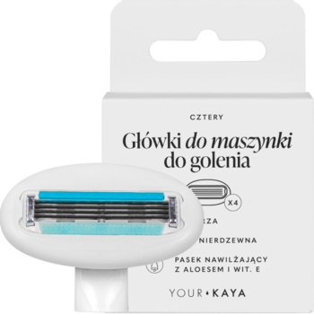Biała główka Your Kaya z 4 ostrzami i niebieskim paskiem nawilżającym, przed białym pudełkiem refilli.
