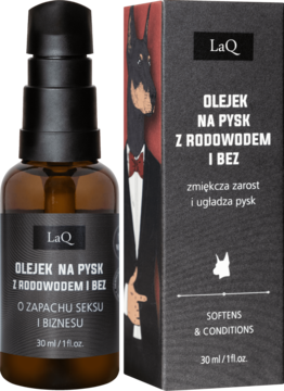 LaQ Olejek do brody i po goleniu w brązowej butelce z pompką i czarne opakowanie z Dobermanem.