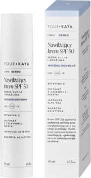 Biała tubka i pudełko YOUR KAYA Nawilżający krem SPF 50 do skóry suchej i wrażliwej, z przodu.