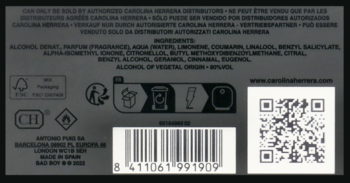 Tył opakowania perfum męskich Carolina Herrera Bad Boy, czarne z białym tekstem, kodem kreskowym i QR.