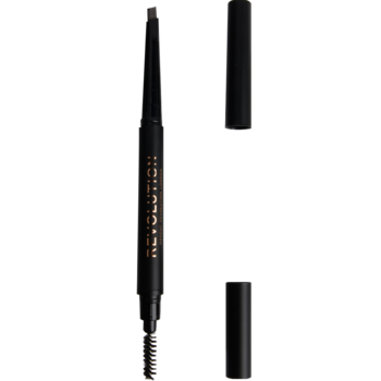 Dwustronna kredka do brwi Revolution Duo Brow Definer w kolorze Light Brown z wysuniętym wkładem i szczoteczką.