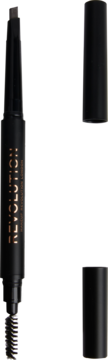 Czarna kredka Revolution Duo Brow Definer Dark Brown z precyzyjną końcówką i szczoteczką, z oddzielnymi nakładkami.