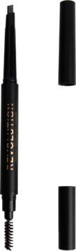 Czarna kredka Revolution Duo Brow Definer Medium Brown z wysuniętą końcówką i szczoteczką, leży pionowo obok zdjętych skuwek.